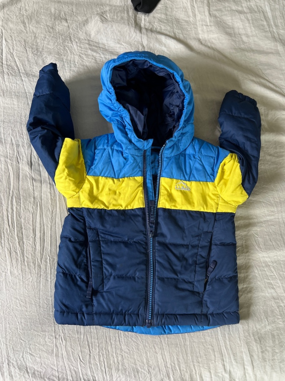L.L. Bean Kids Colorblock Puffer Jacket in Blue, Yellow, Navy